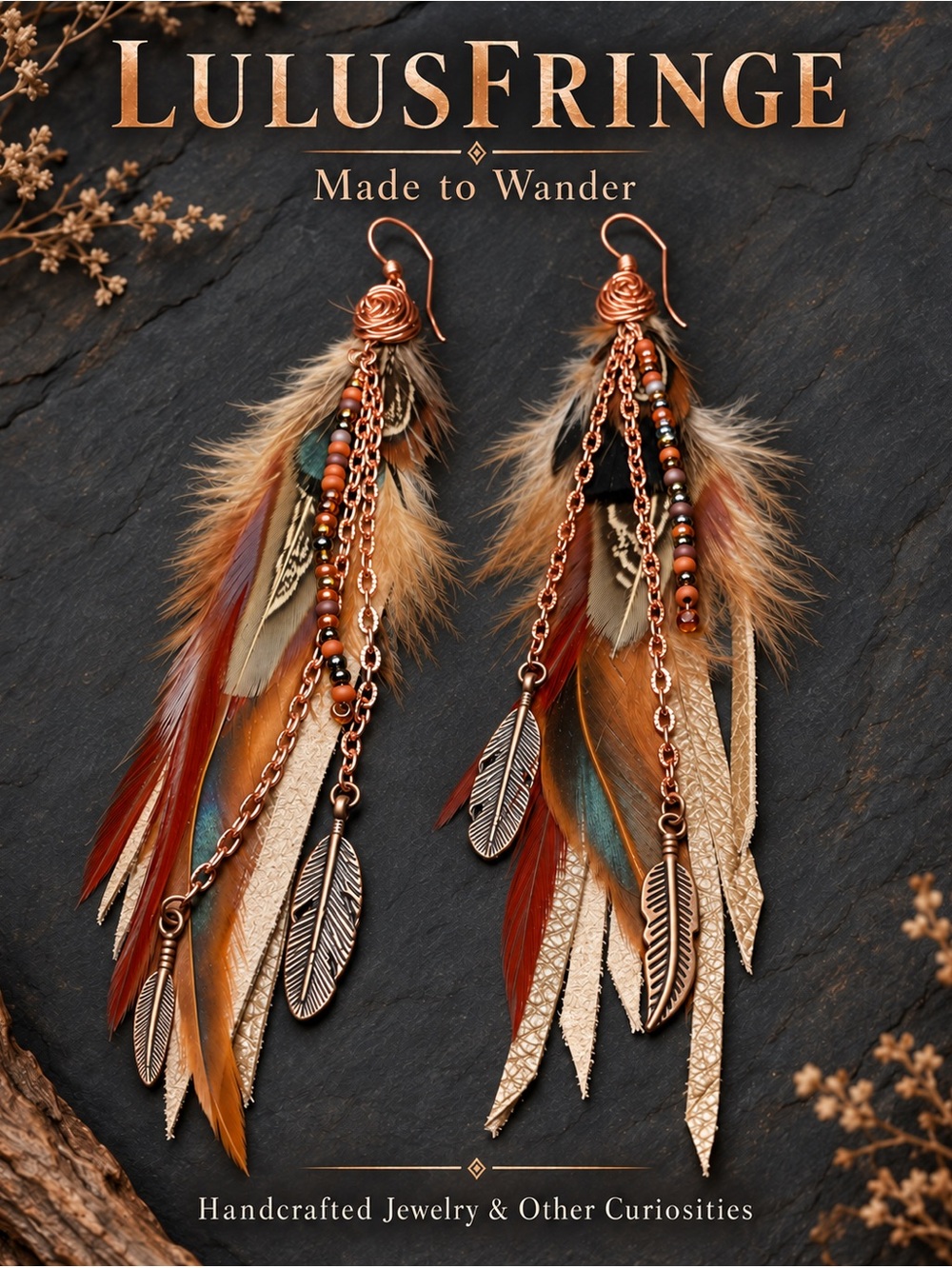 Artisan Boho Feather Leather Dangle Earrings with Copper Detailing